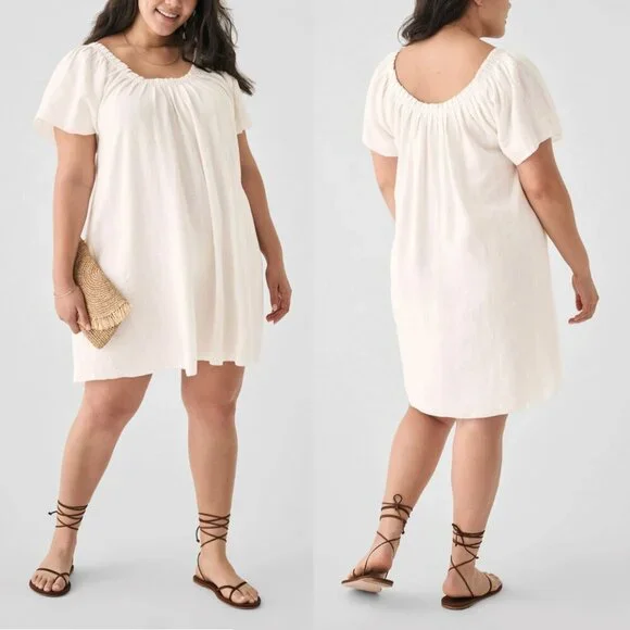 Faherty Annabelle Dress Short Sleeved Cotton Dress Texture Neckline in White, XL - Picture 1 of 12